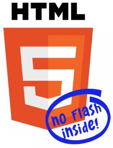 HTML5 Logo with words "no flash inside" stamped across it