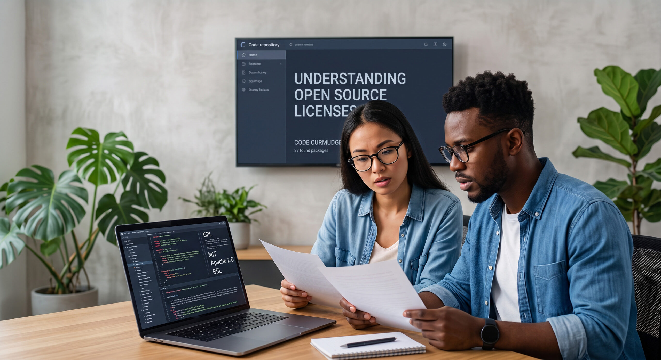two people managing open source licenses in their project