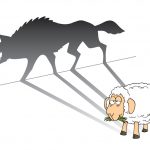 A sheep that is throwing a shadow of a wolf