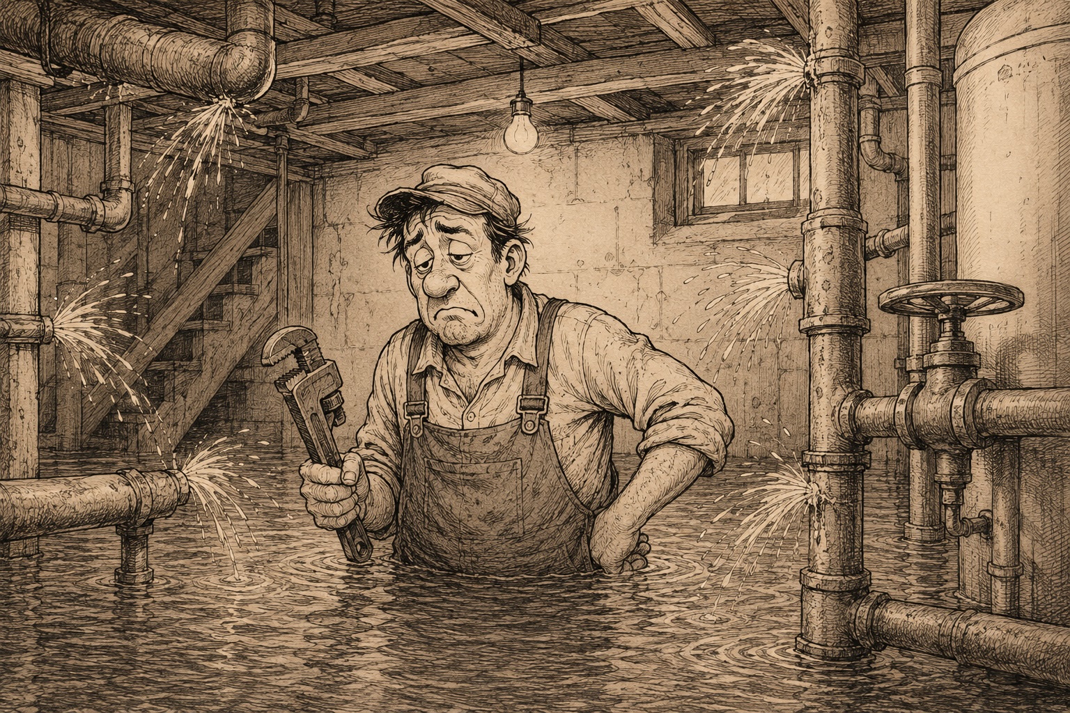 Plumber in leaky basement